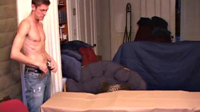 Cock, Marc quickly gets himself hard and positions to cum as far as he can. And what a shot he makes! He shoots nearly to the end of a table.