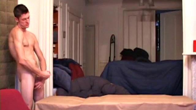 Cock, Marc quickly gets himself hard and positions to cum as far as he can. And what a shot he makes! He shoots nearly to the end of a table.