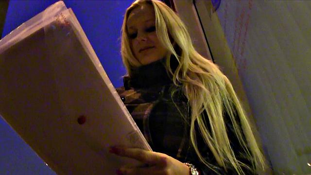 Busty blonde swallows dick & takes it doggy-style in a fake contest