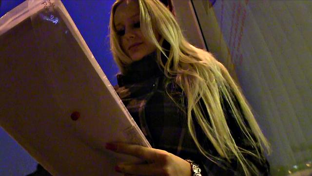 Busty blonde swallows dick & takes it doggy-style in a fake contest