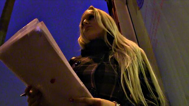 Busty blonde swallows dick & takes it doggy-style in a fake contest