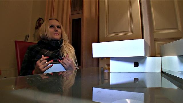 Busty blonde swallows dick & takes it doggy-style in a fake contest