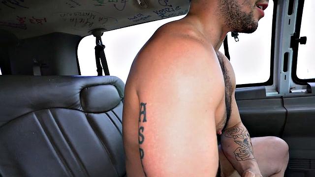 Blindfolded str8 stud facializes BJ in public outdoor van