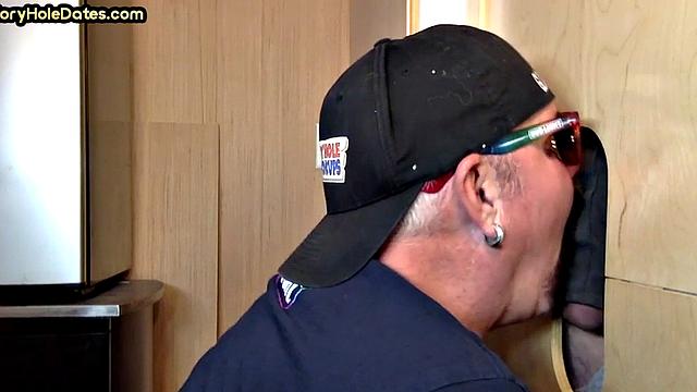 Gloryhole cum in mouth DILF eats cock at home