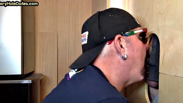 Gloryhole cum in mouth DILF eats cock at home