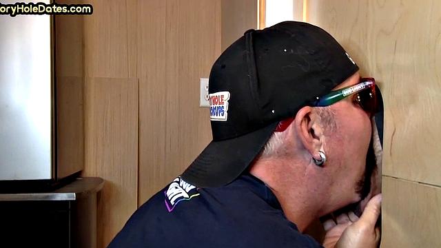 Gloryhole cum in mouth DILF eats cock at home