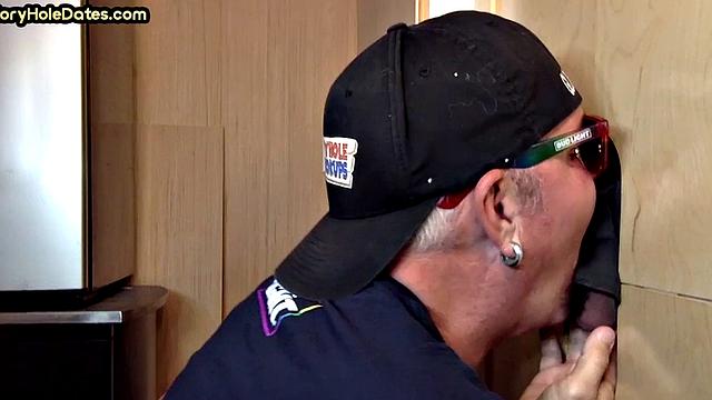 Gloryhole cum in mouth DILF eats cock at home