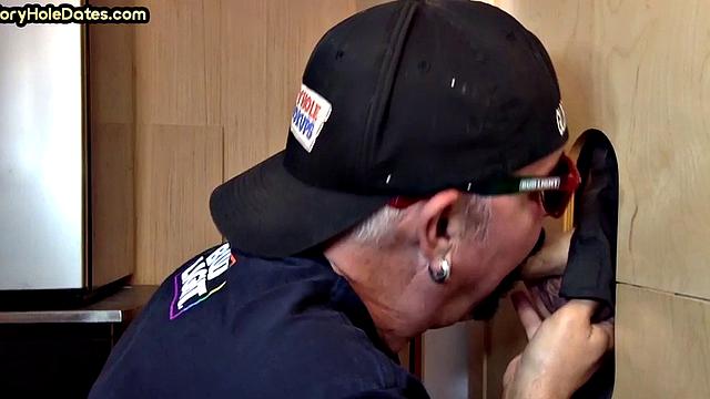 Gloryhole cum in mouth DILF eats cock at home