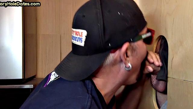 Gloryhole cum in mouth DILF eats cock at home