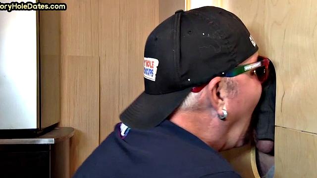 Gloryhole cum in mouth DILF eats cock at home