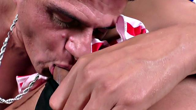 Busty trans facefucked before bareback cockriding