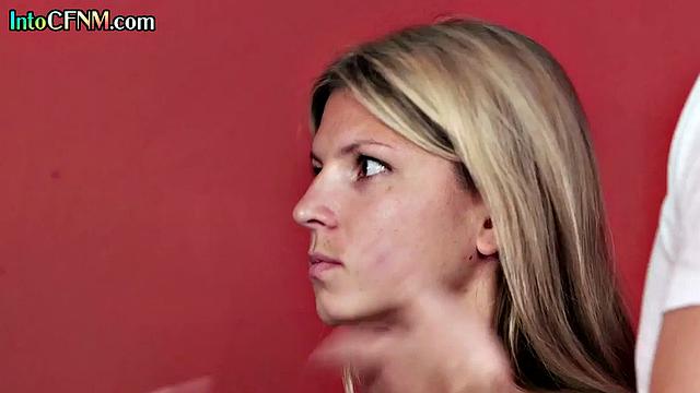 Naughty CFNM babe gives BJ to dude