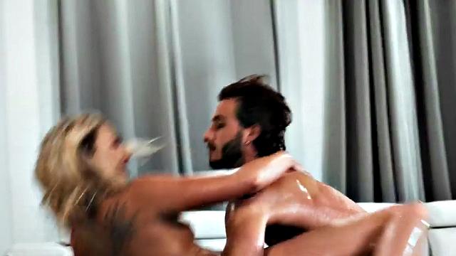 Oiled medium boobs MILF licked and fucked by her neighbor