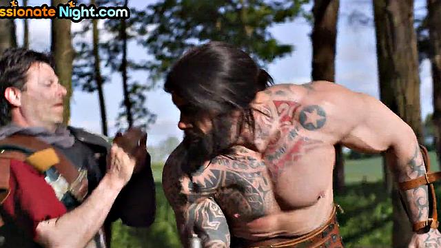 Warrior sluts banged in outdoor 3some by knight