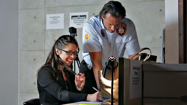 Check out this hot chick's first day in uniform & stockings!