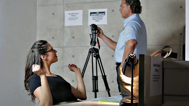 Check out this hot chick's first day in uniform & stockings!