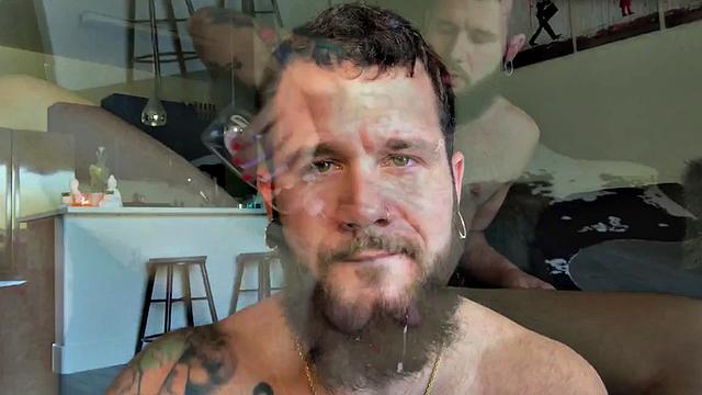 Bearded tattoo jock toying butt and jerking for a cumshot