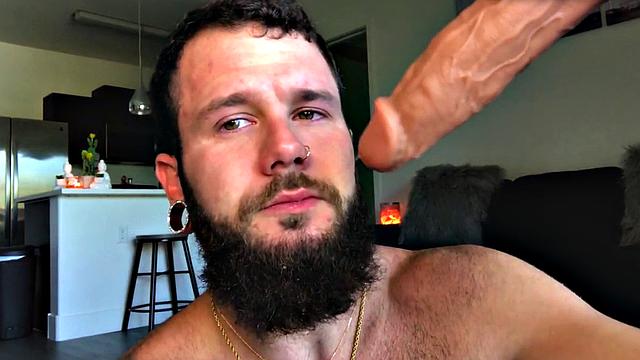 Bearded tattoo jock toying butt and jerking for a cumshot