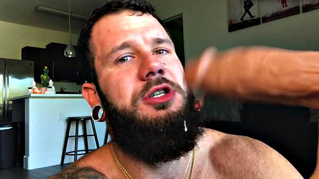 Bearded tattoo jock toying butt and jerking for a cumshot