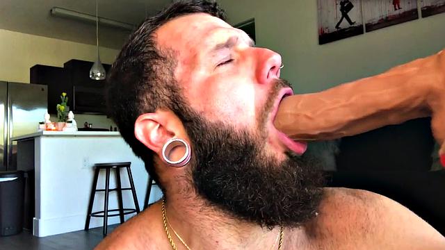 Bearded tattoo jock toying butt and jerking for a cumshot