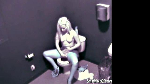 Blonde hottie masturbates in public toilet & gets naughty with a voyeur