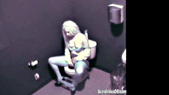 Blonde hottie masturbates in public toilet & gets naughty with a voyeur