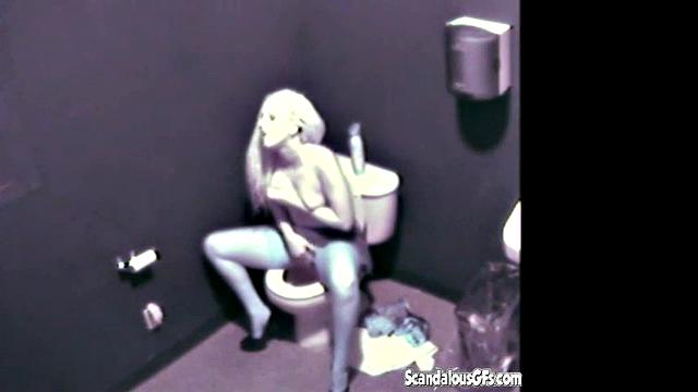 Blonde hottie masturbates in public toilet & gets naughty with a voyeur