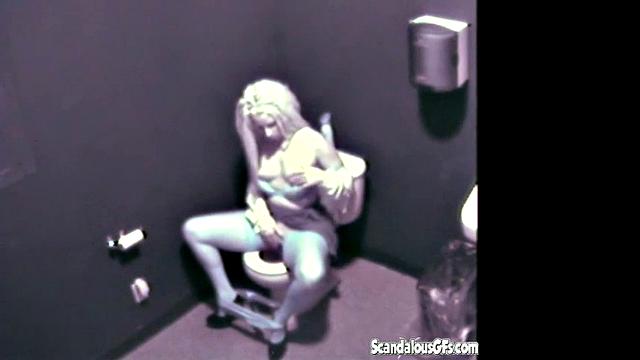 Blonde hottie masturbates in public toilet & gets naughty with a voyeur