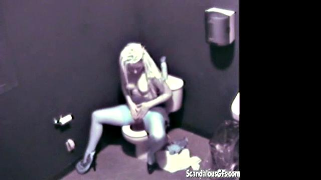 Blonde hottie masturbates in public toilet & gets naughty with a voyeur
