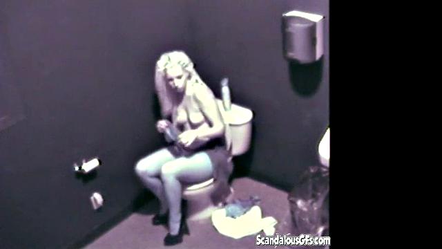 Blonde hottie masturbates in public toilet & gets naughty with a voyeur