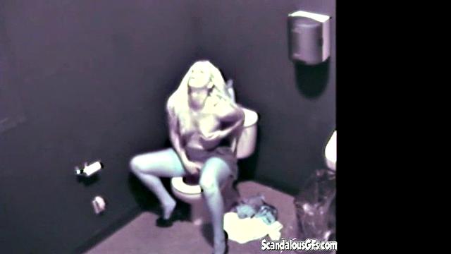 Blonde hottie masturbates in public toilet & gets naughty with a voyeur