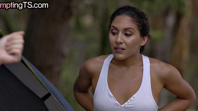 Trans babe fucked in outdoor 3some with her GF