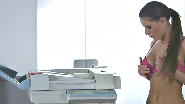 Office secretary fingered before bouncing on coworker's cock