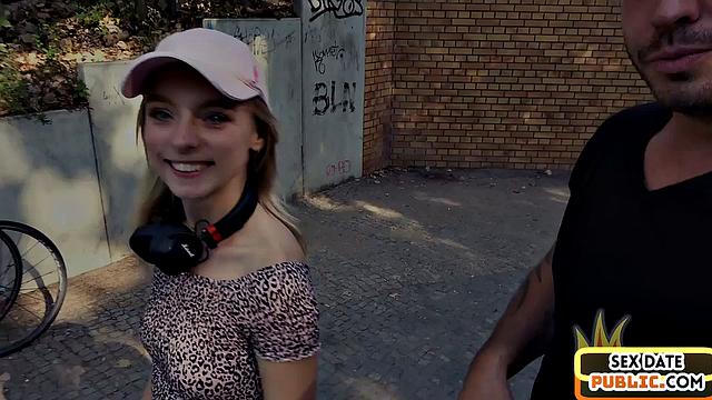 Sweet amateur babe riding cock outdoors