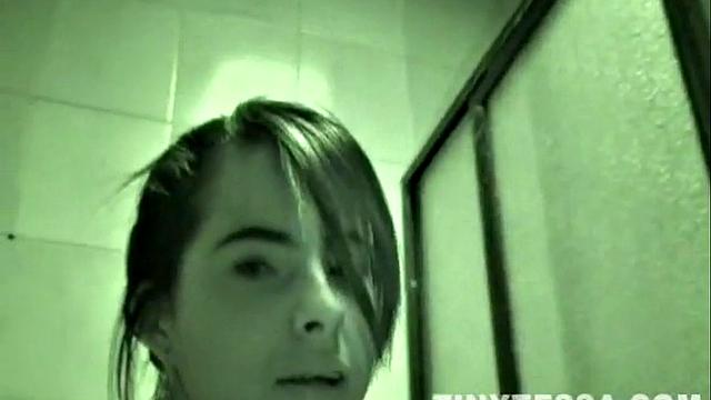 Tiny Tessa with perfect tits and ass on toilet