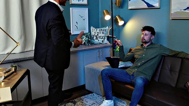 Muscular stepbro fisted and barebacked by his dildo-wielding office buddy