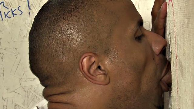 Busty tgirl sucks through gloryhole in interracial duo