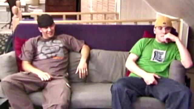 Stephen and Timmy watch porn as Adam joins them. All three naked, stroking cocks. Stephen's lips around Adam's dick.