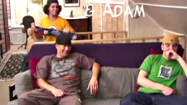 Stephen and Timmy watch porn as Adam joins them. All three naked, stroking cocks. Stephen's lips around Adam's dick.