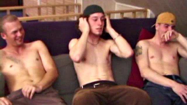 Stephen and Timmy watch porn as Adam joins them. All three naked, stroking cocks. Stephen's lips around Adam's dick.