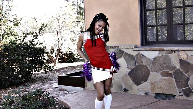 Small black cheerleader takes BBC before deepthroating