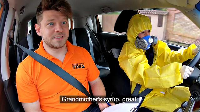 Ballslicking babe fucked outdoors in the car by instructor