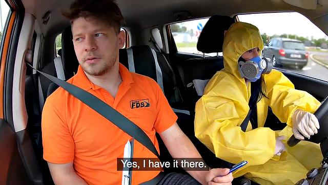 Ballslicking babe fucked outdoors in the car by instructor