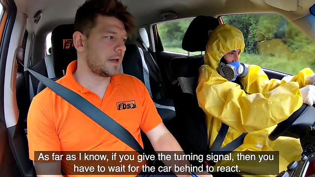 Ballslicking babe fucked outdoors in the car by instructor