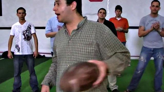 Hazed college stud fucked in locker room for fraternity