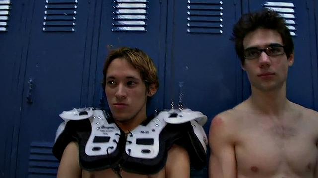 Hazed college stud fucked in locker room for fraternity