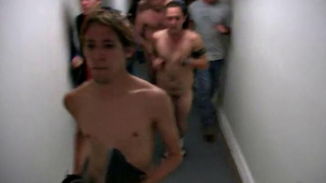 Hazed college stud fucked in locker room for fraternity