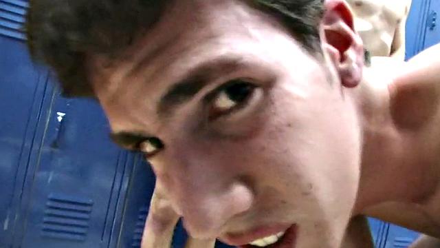 Hazed college stud fucked in locker room for fraternity