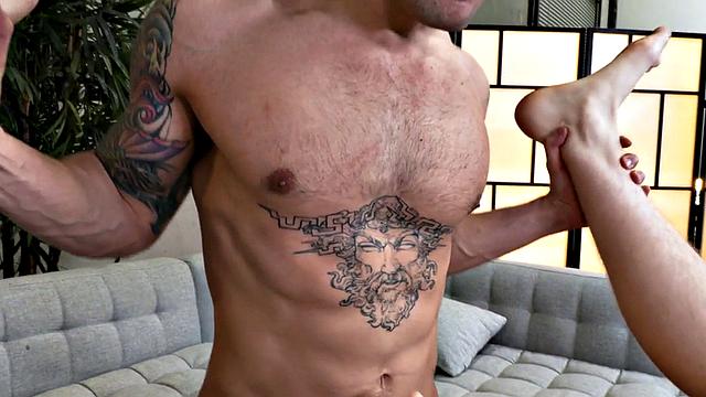 Inked stud sucks cock before unsaddled sex for jizz