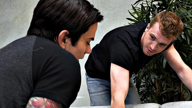 Inked stud sucks cock before unsaddled sex for jizz